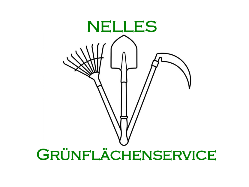 Nelles Grünflächenservice – Logo mit Rechen, Spaten und Sense